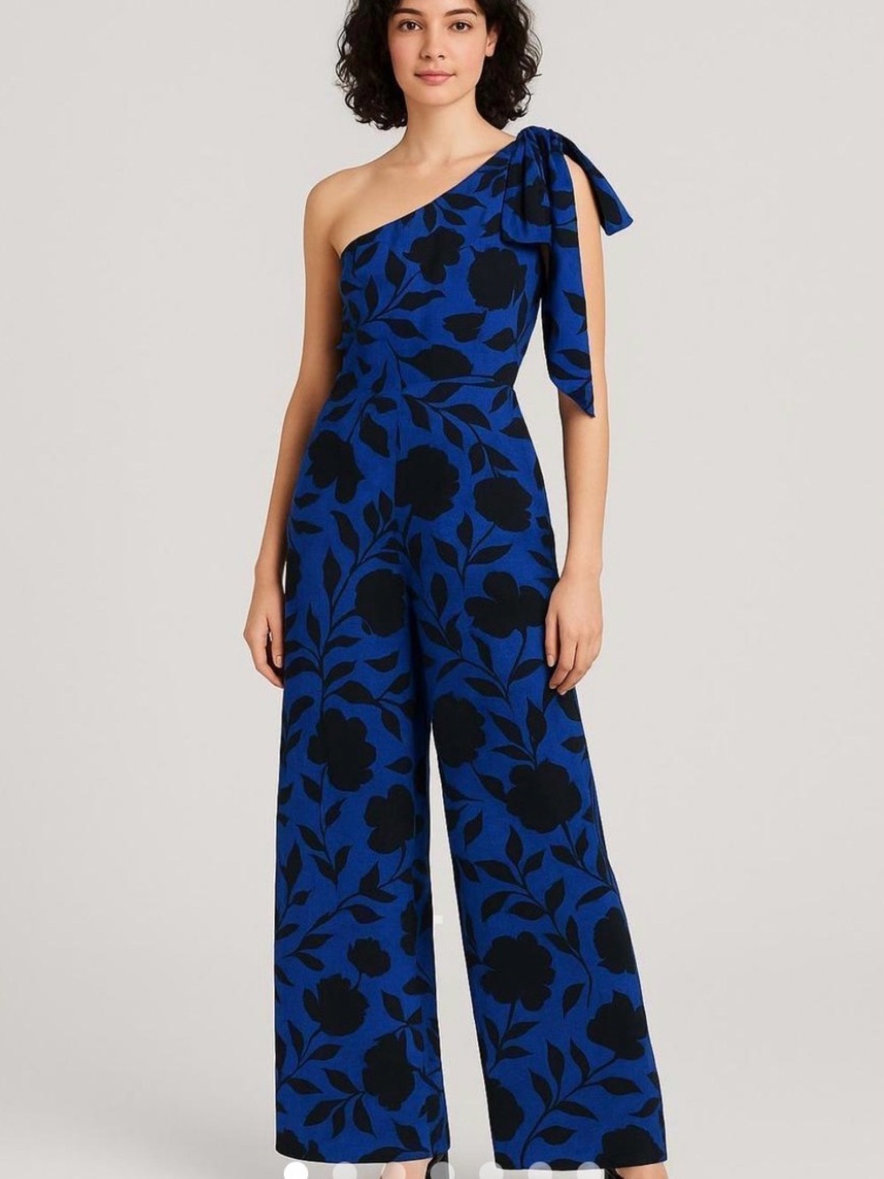 kate spade One-Shoulder Blue and Black Floral Jumpsuit with Tie Strap
